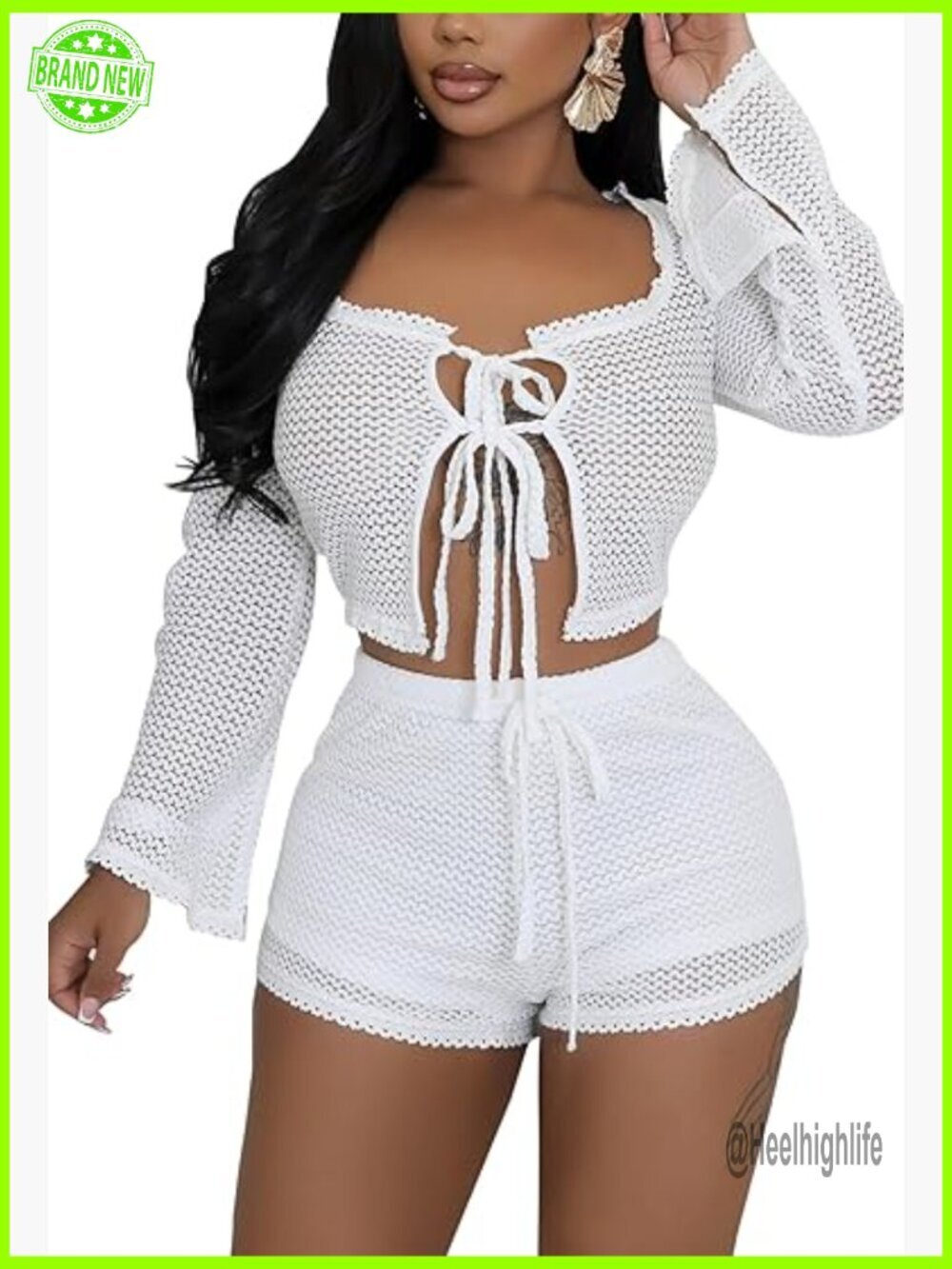 Crochet Long Sleeve Crop Top High Waisted Shorts 2-Piece Beach Coverup Set